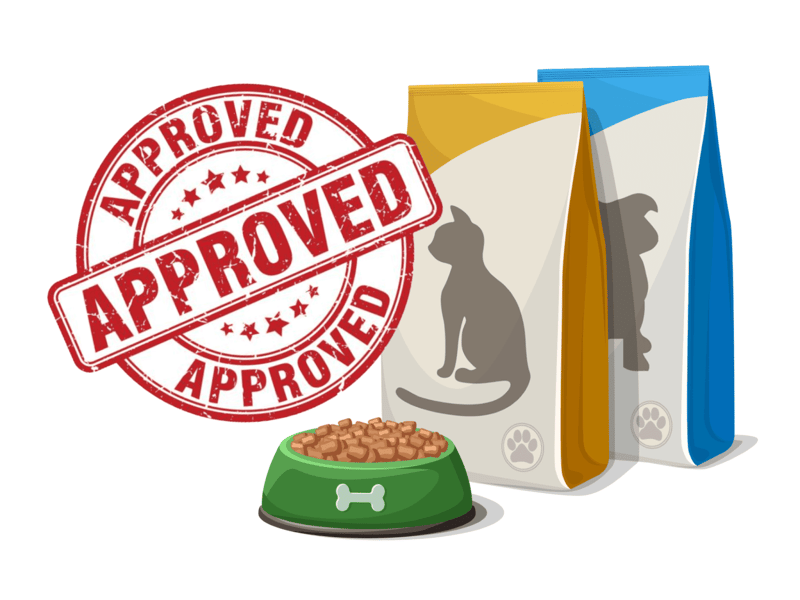 Dog food bags with a "Approved" stamp, healthy dog meal in a bowl, pet nutrition and quality assurance.