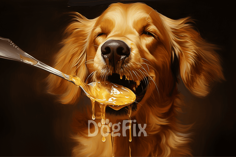Golden retriever dog licking honey with open mouth, close-up of face.