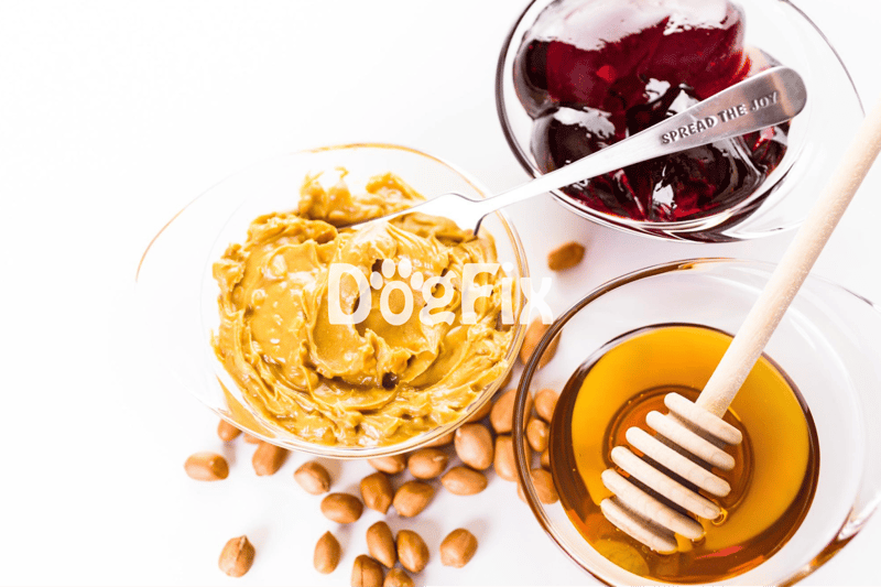 Close-up of homemade dog-friendly nutritious treats with honey, jam, and seeds on a white background.