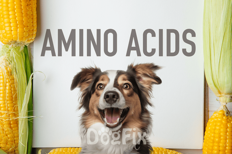 Dog with happy expression surrounded by corn and vegetables, emphasizing amino acids in dog nutrition and supplements.