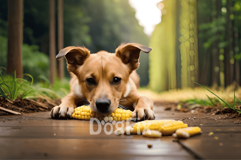 Adorable puppy chewing corn outdoors in a forest setting.