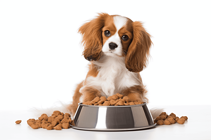 Dog eating kibble from metal bowl.