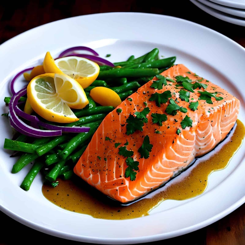 Healthy salmon dish with green beans, lemon, and herbs, perfect for a nutritious meal.
