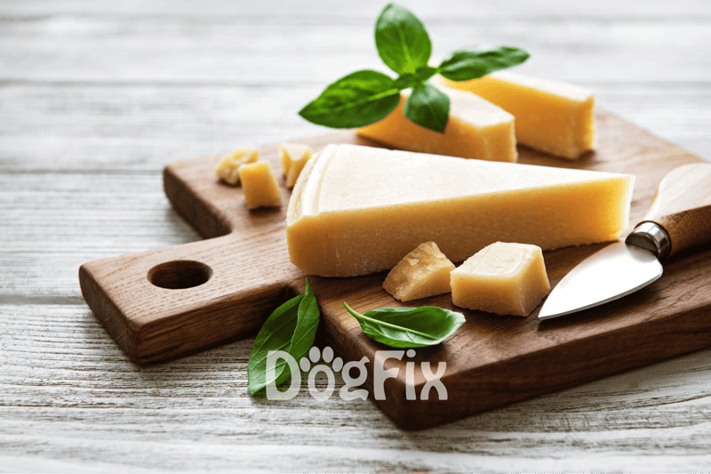 Fresh cheese with basil on a rustic wooden cutting board, suitable for dogs' treats.