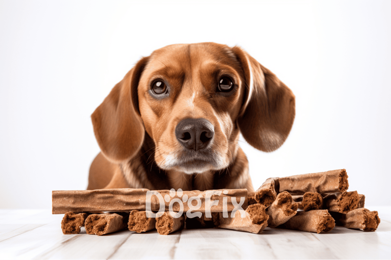 Adorable dog with chewy treats and bone sticks, perfect for pet nutrition and healthy dog snacks.