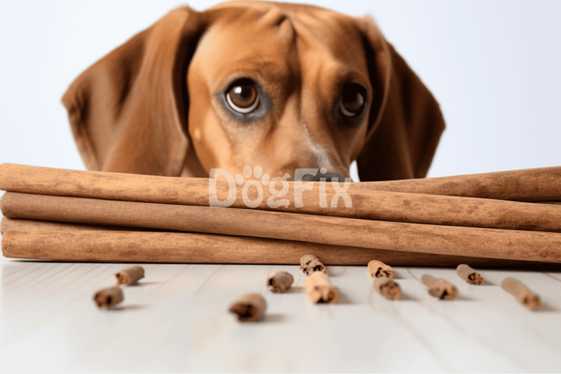 Cute dog with brown fur eyeing dog treats on a table, ready to eat or play.