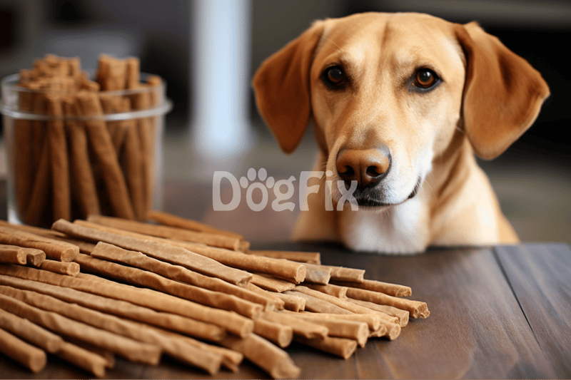 Dog treat chews on table with a friendly dog looking at the camera.
