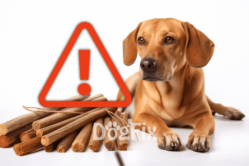 Dog licking wooden sticks with warning sign in the background, highlighting dog risk safety.