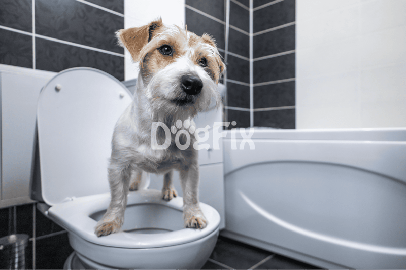 Cute dog in toilet training seat with bathroom tiles background.