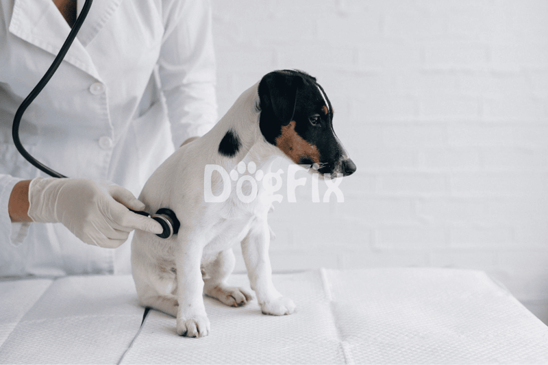 Vet checking puppy with stethoscope.
