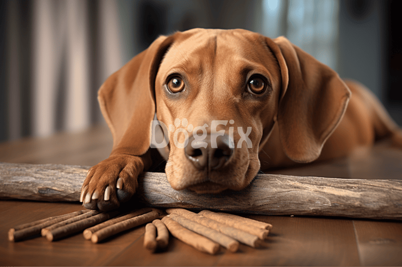Dog lying on floor with chew sticks, close-up.