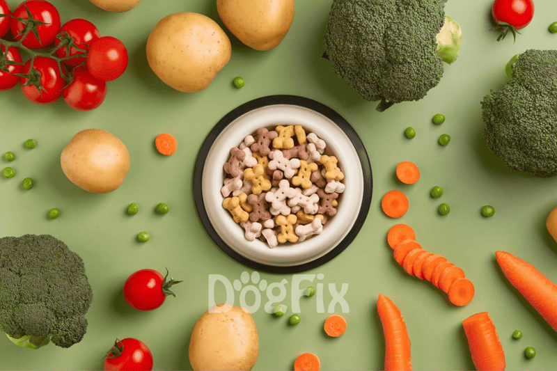 Brightly colored dog treats and fresh vegetables on green background.