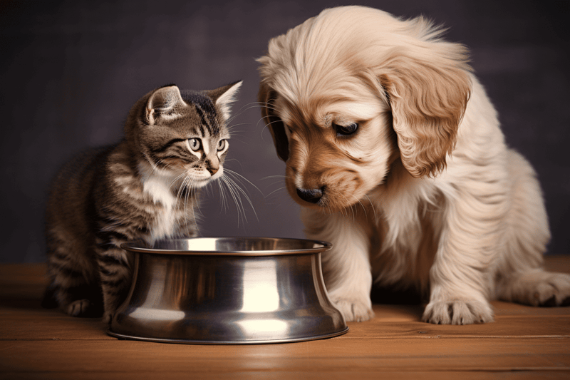 Adorable dog and kitten sharing a food bowl, highlighting pet companionship and love for dogs and cats.