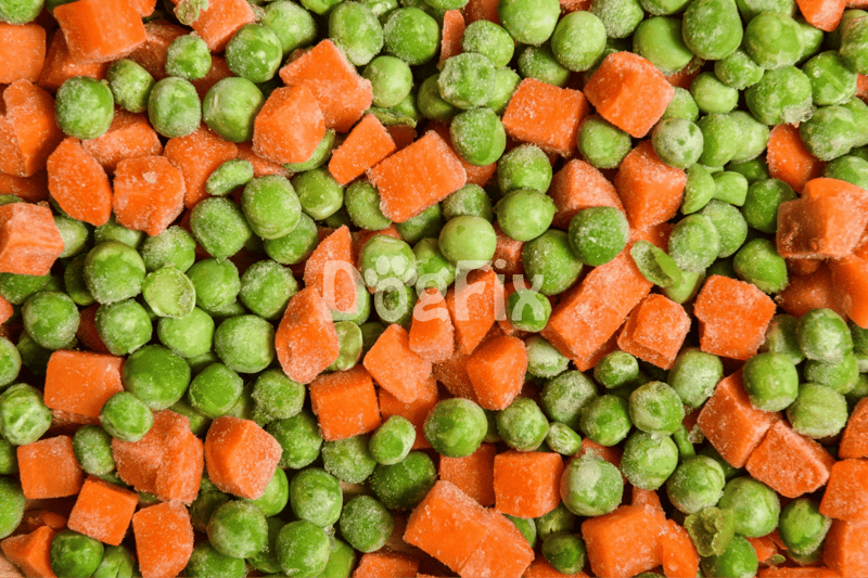 Frozen peas and carrots dog treats, healthy dog food ingredients, nutritious pet snacks.