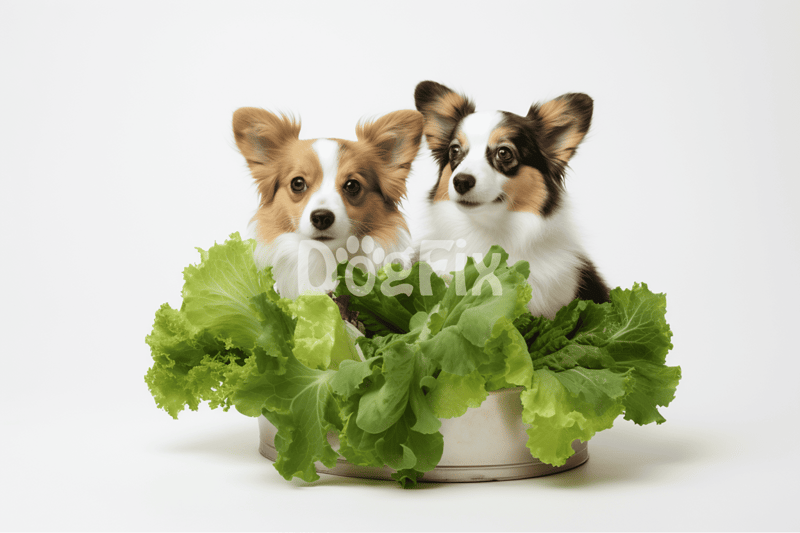 Adorable dogs with fresh leafy greens for healthy dog nutrition and wellness.