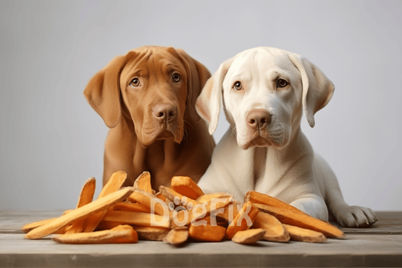 Two Labrador puppies eating sweet potatoes, highlighting healthy dog food options.