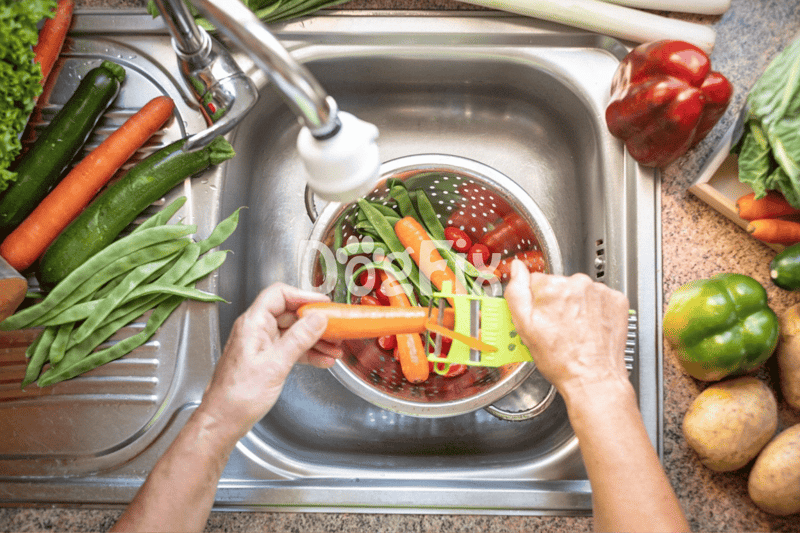 Handwashing carrots and vegetables in kitchen sink for healthy homemade dog food.