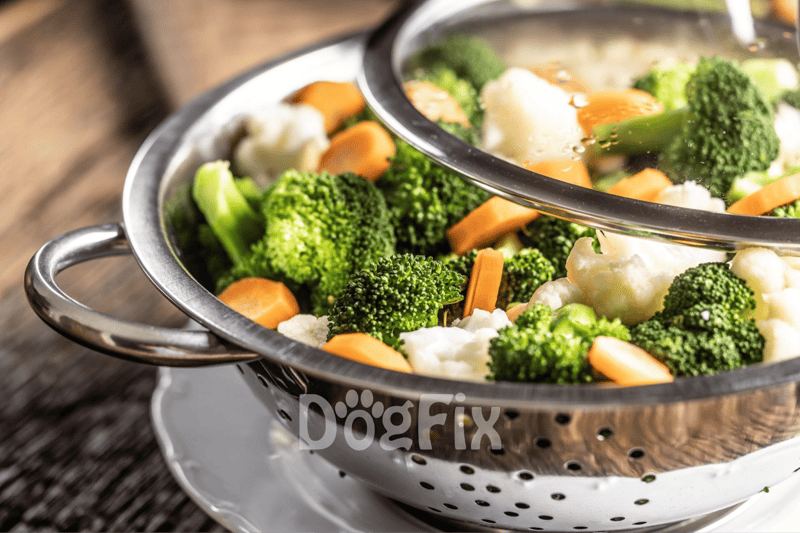 Healthy steamed vegetables including broccoli, cauliflower, and carrots for dogs.