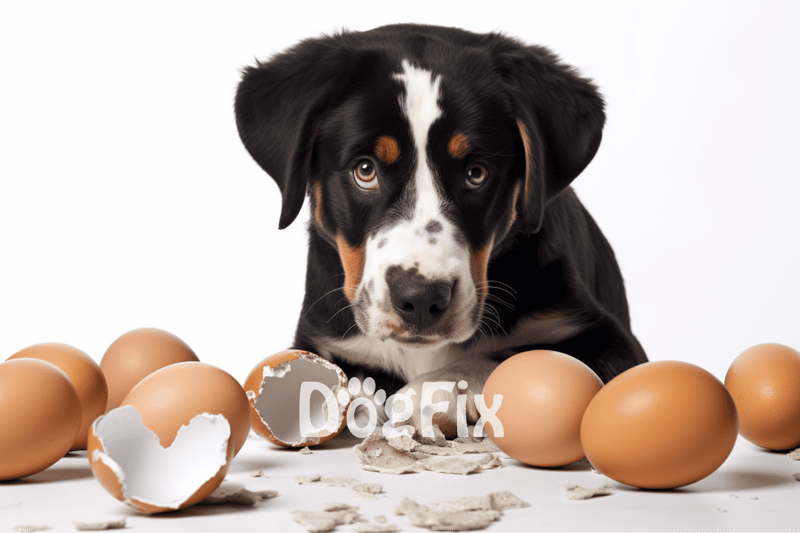Adorable puppy with eggs, highlighting pet nutrition and wellness.