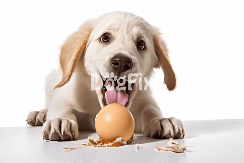Dog playing with an egg, cute and playful puppy, pet care, dog training, health, pet grooming.