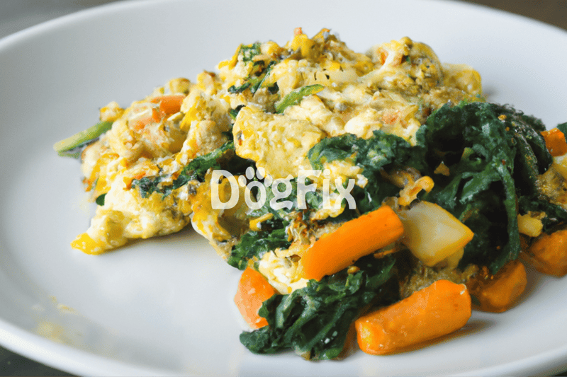 Image of a nutritious dog food omelet made with eggs, chicken, spinach, carrots, and potatoes, promoting healthy eating for dogs.