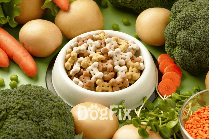 Dog Treats in a bowl surrounded by carrots, broccoli, and potatoes for healthy dog snacks.