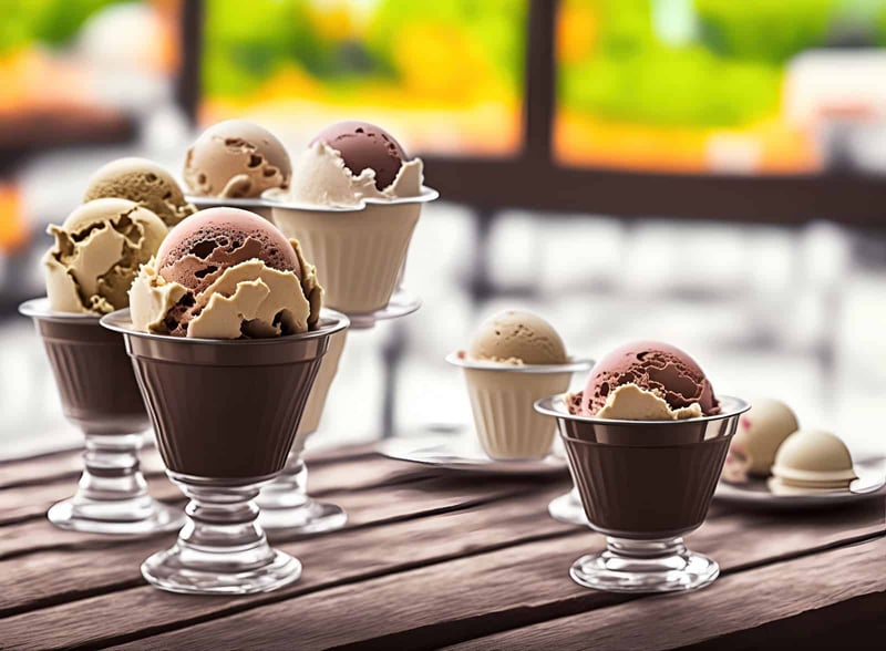Delicious scoops of ice cream in elegant glass cups, perfect for your dog's treat time.