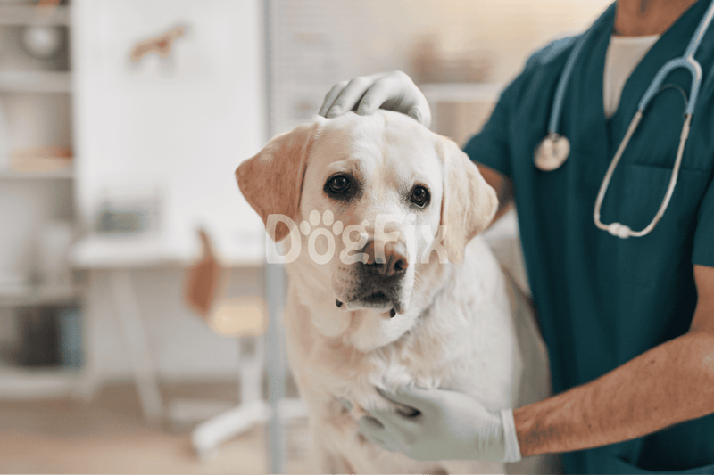 Vet examining labrador dog during veterinary health checkup inspection.