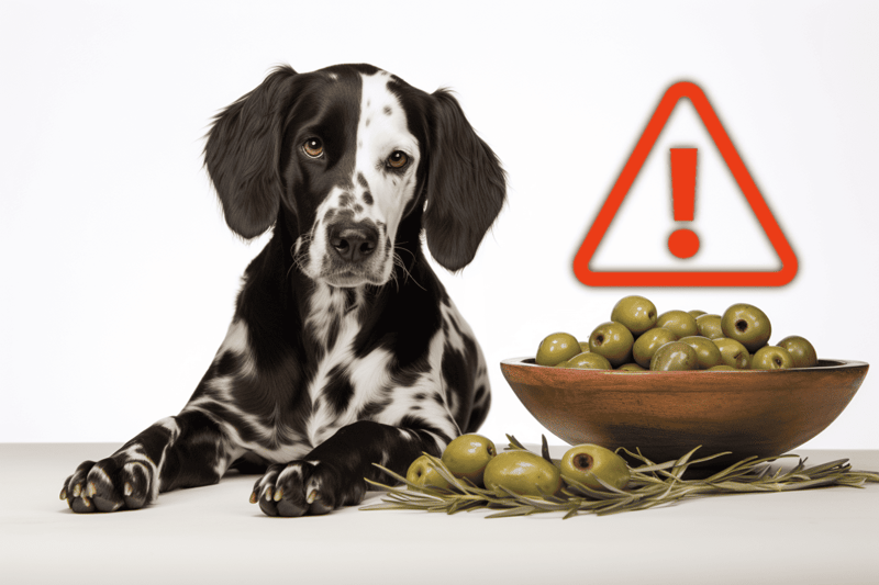 Old bowl of green olives with a warning sign icon.