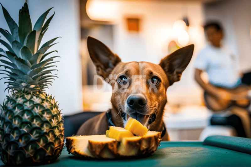Adorable dog chewing pineapple next to a fresh pineapple, enjoying healthy snacks at home.