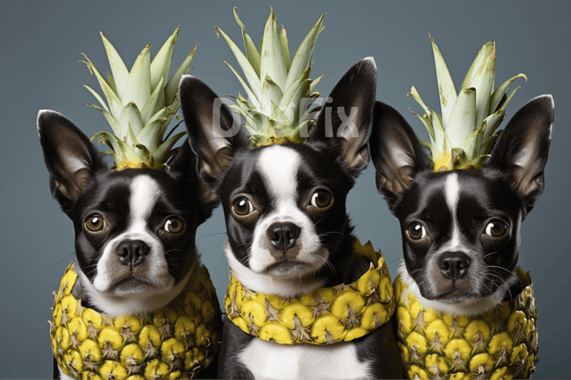 Adorable dogs wearing pineapple accessories, perfect for pet fashion and fun images.