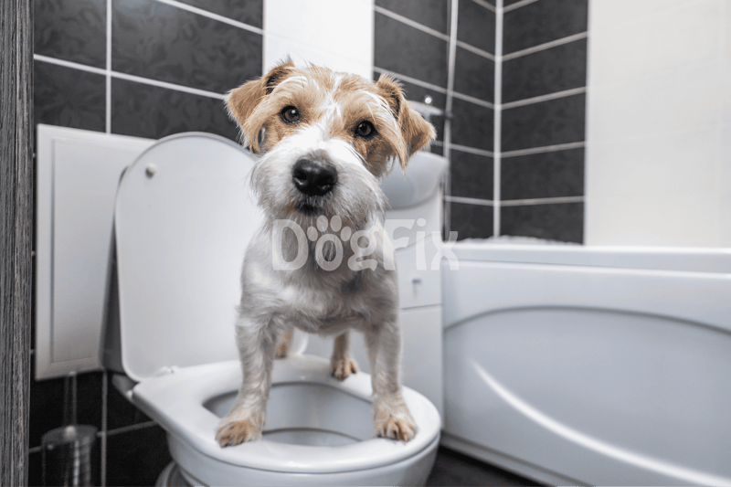 Cute dog standing on toilet seat, indoor pet grooming and hygiene, small breed dog in bathroom setting, cleaning and health care for dogs.
