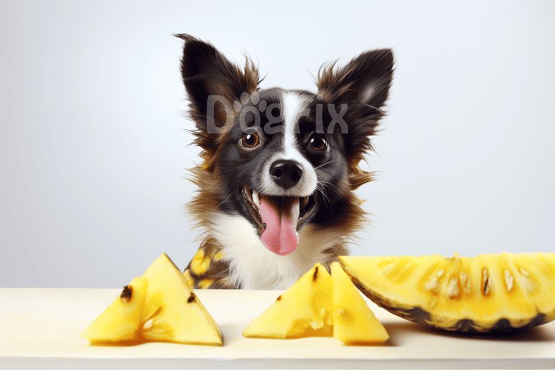 Adorable Australian Shepherd dog with cheerful expression and pineapple slices on white surface.
