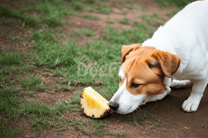 Dog playing with pineapple on grass field, outdoor pet activity, canine fun, healthy dog treats, dog lifestyle.