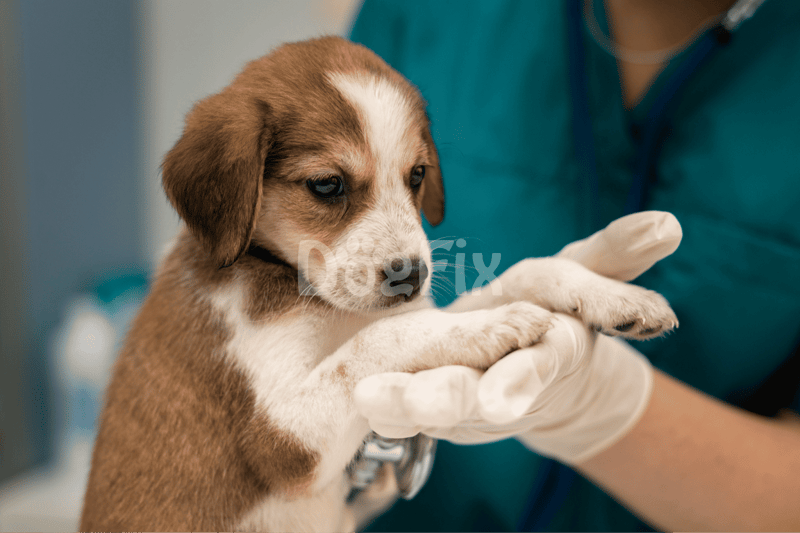 Close-up of a cute puppy receiving a health examination from a veterinarian, highlighting pet care and wellness services.