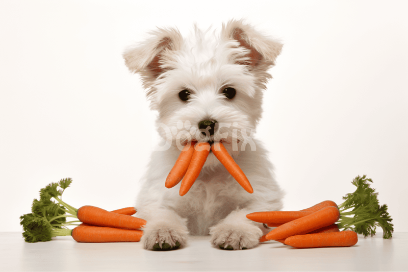 Dog puppy with carrots in mouth, surrounded by fresh vegetables, promoting healthy eating and pet wellness.