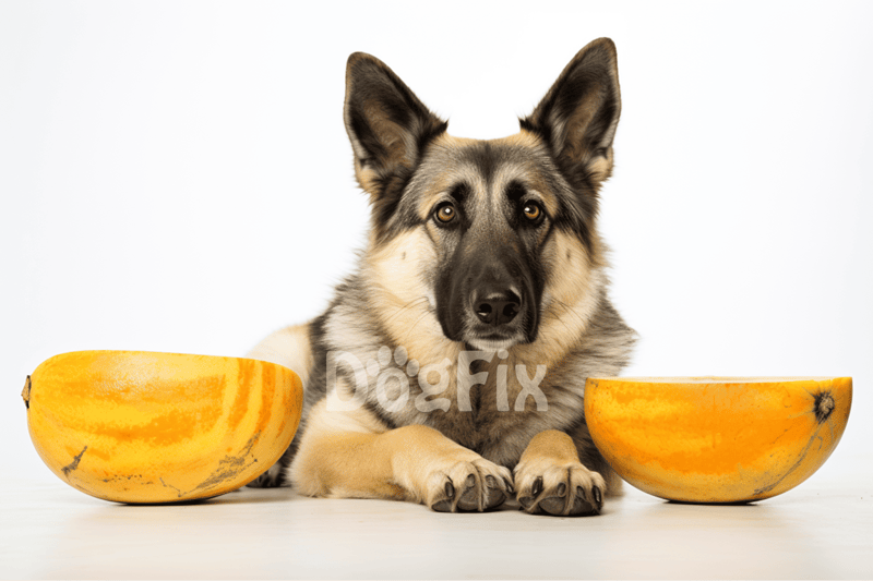 Dog with two melons in bowls, healthy dog eating fresh fruit, German Shepherd in a studio shot.