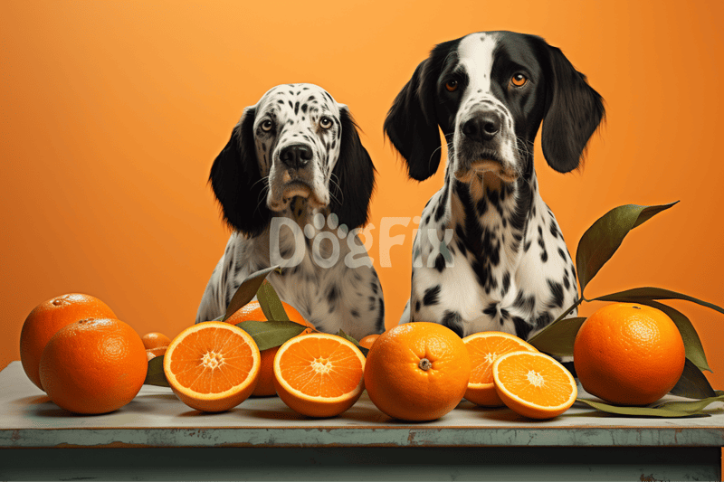 Adorable Dalmatian puppies with oranges on an orange background. Perfect for dog lovers and pet care enthusiasts.