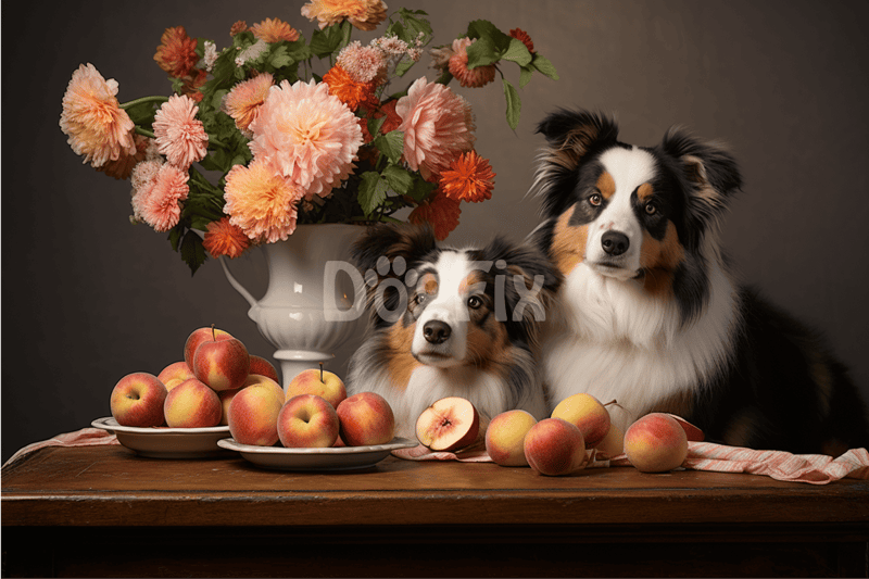 Adorable Australian Shepherd dogs surrounded by apples and pink flowers, creating a cozy, stylish home decor scene.