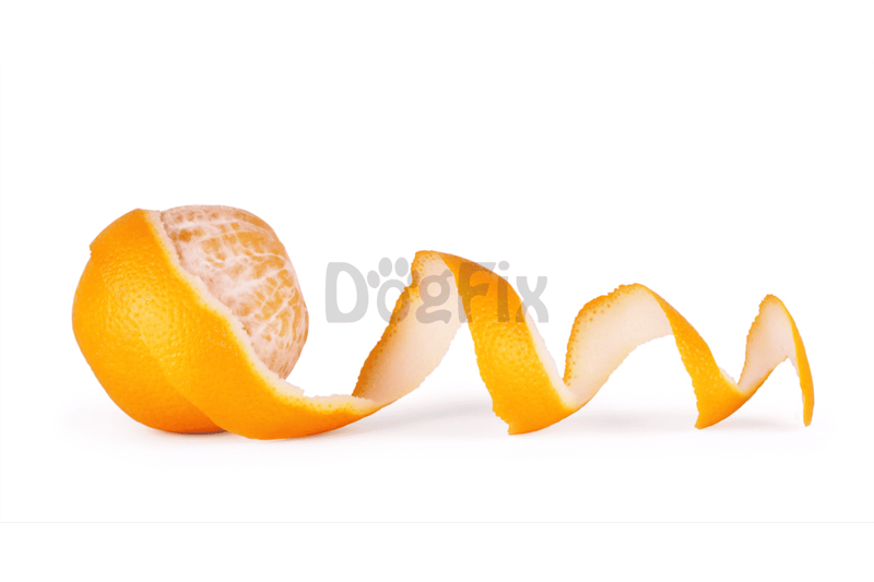 Close-up of a peeled and twisted orange peel on white background.