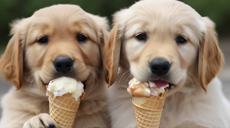 Adorable golden retrievers eating ice cream, perfect for dog lovers and pet care.