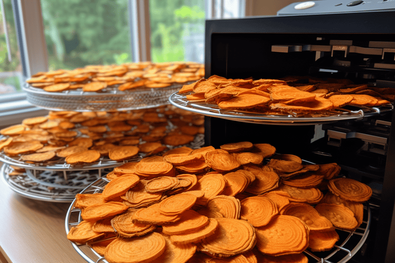 Dehydrated sweet potatoes drying on racks for healthy dog treats.