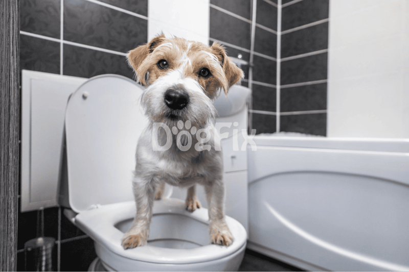 Dog on toilet in bathroom, pet hygiene, dog comfort, pet care.