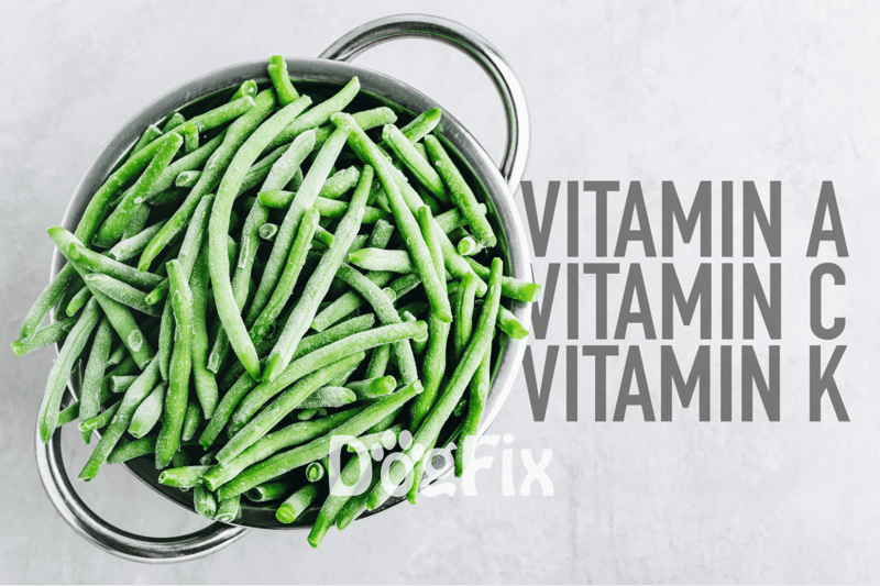 Bright green beans in a bowl with vitamin labels overlay.