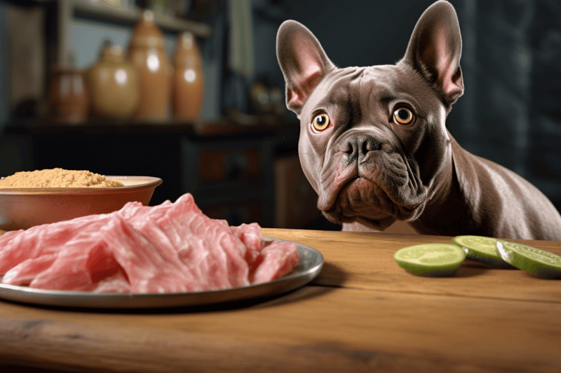 French Bulldog observing raw meat and lime slices on a wooden table.
