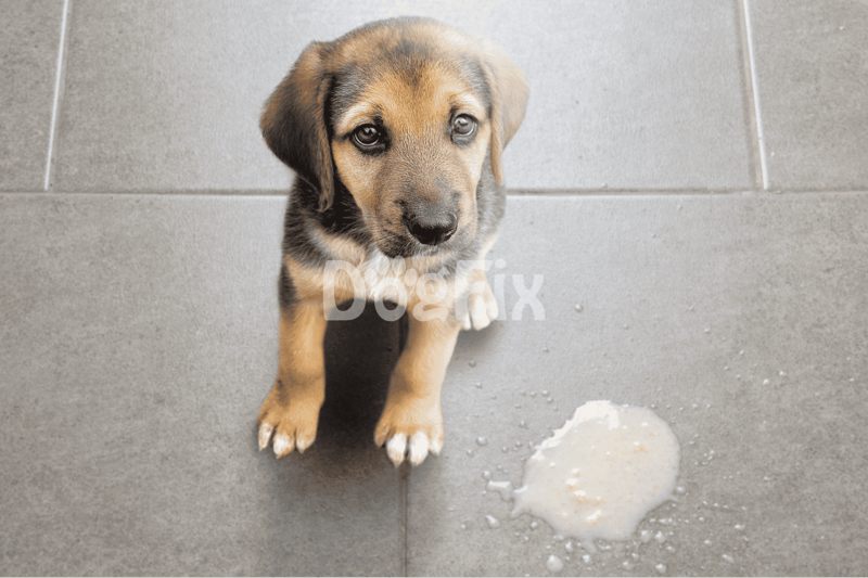 Adorable puppy sitting on gray floor near spilled milk, cute and youthful dog, pet care.