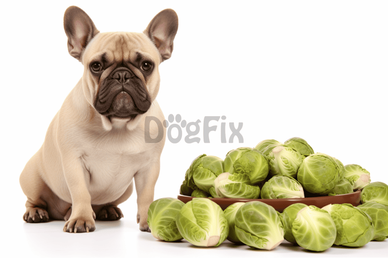 French Bulldog with Brussels sprouts for healthy dog diet.