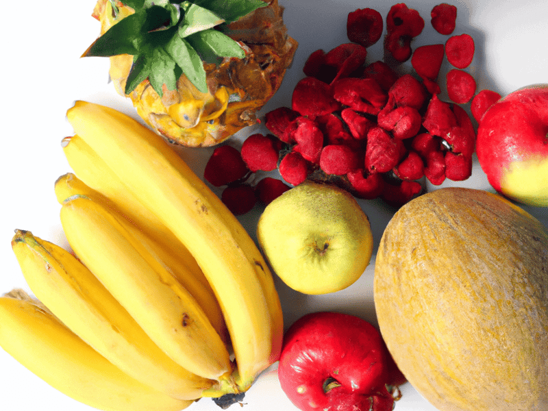 Colorful array of bananas, apples, pineapple, and berries for dogs' healthy snacks.