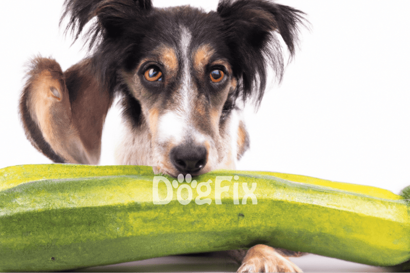 Adorable dog with a cucumber on a plain white background, promoting pet health and wellness.
