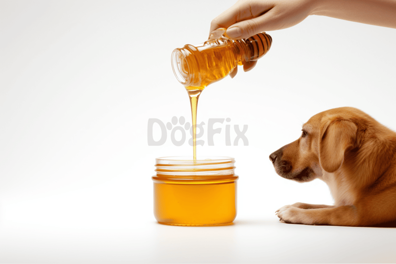 Dog licking honey from jar, healthy treats for dogs, natural pet snacks, wholesome dog food options.
